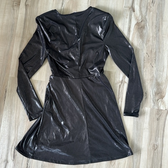 BCBGeneration Black Metallic Long-Sleeve Mini Wrap Dress - Picture 4 of 5